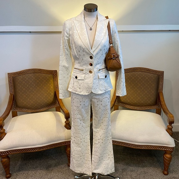 Cache Vintage 90s Y2K Elegant Brocade Cream Blazer and Flared Pants Set Size 6/8